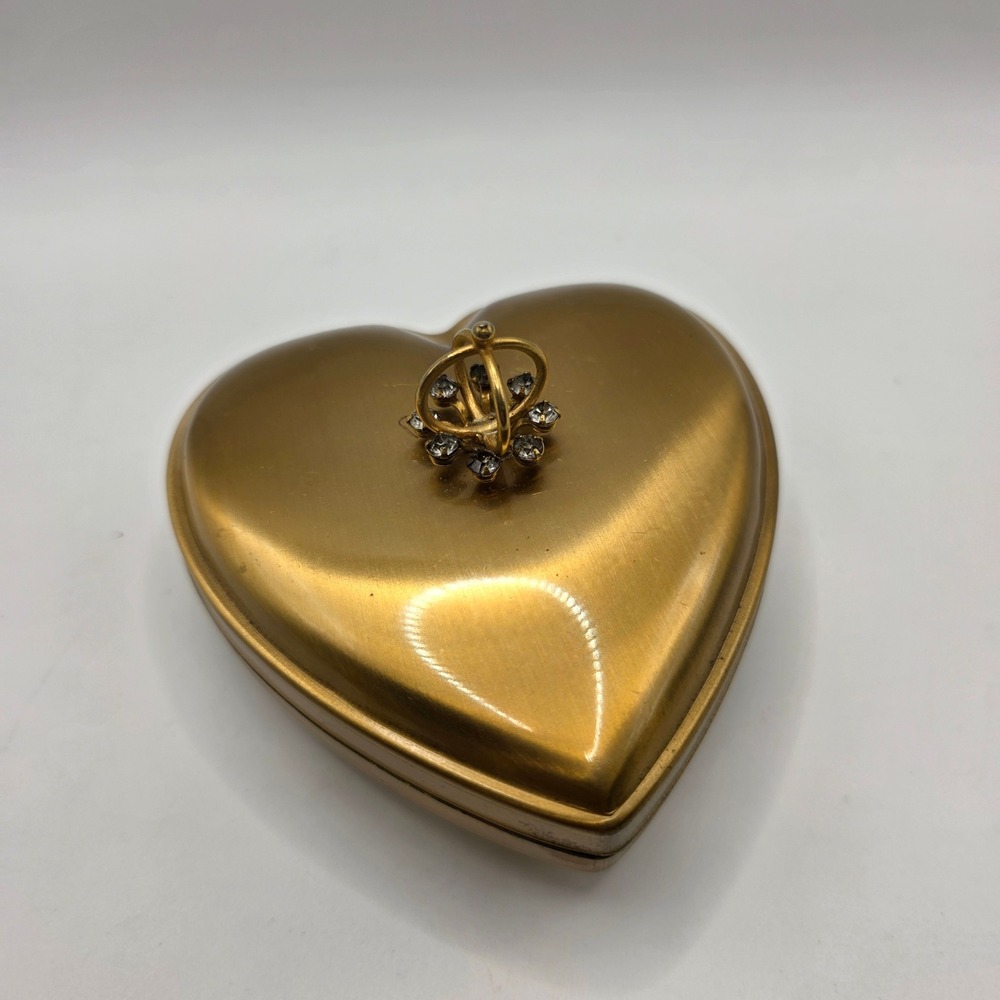Vintage Gold Heart Jewelry Box Rhinestone Crown Finial Hinged Trinket Case